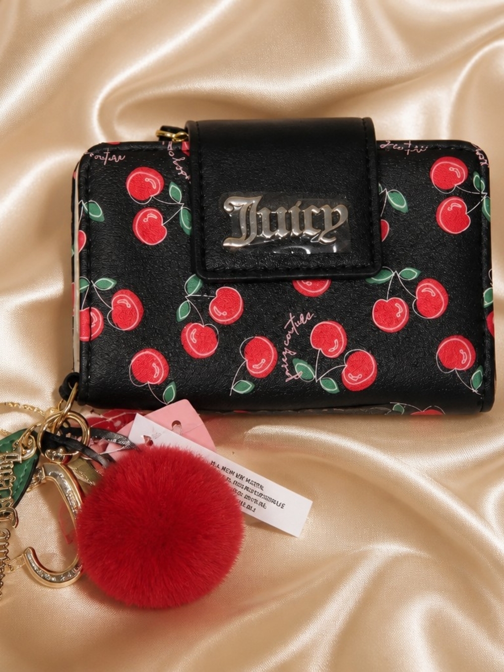 Juicy Couture Cherry Print Bifold Wallet Pom Charm Horseshoe Keychain NWT